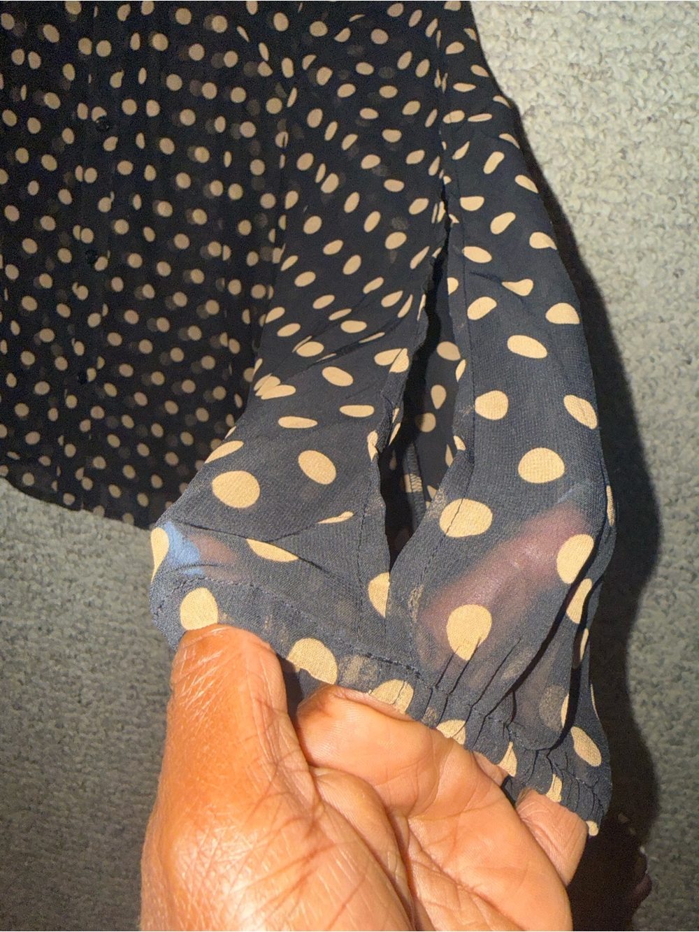 Sheer Navy Polka Dot blouse- black with yellow/golden Dots